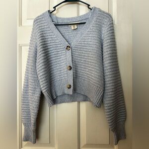 Light Blue Ribbed V-Neck Button Front Cropped Cardigan